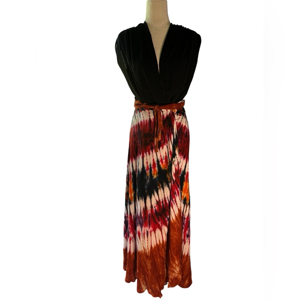 Boho Tie-Dye Wrap Skirt | Red Brown Black Maxi Skirt | Flowy Adjustable